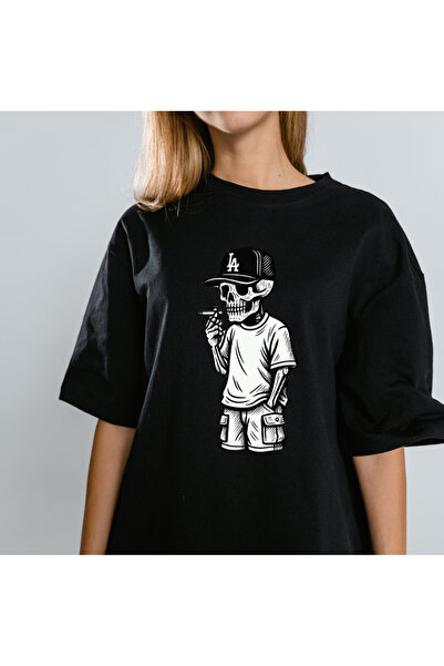 TİMİSİVA Unisex Oversized Sanatsal Printed Crew Neck Short Sleeve Black T-Shirt