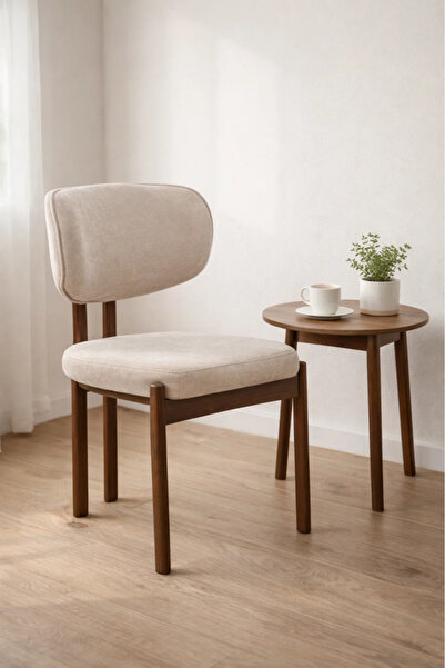 MARIA HOMES Beige Upholstered Chair with Wooden Legs, 80x49x48 CM beige uphol...