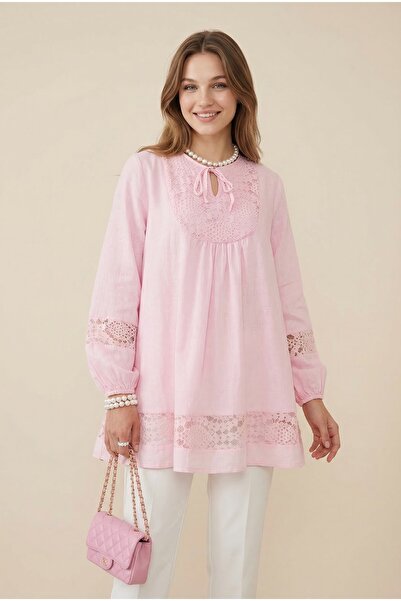 NEFESSE Yakası Bağlamalı Dantel Detaylı Kolu Lastikli Gömlek -Pembe