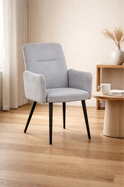 MARIA HOMES Light Grey Armchair with Black Metal Legs, 90x55x47 CM