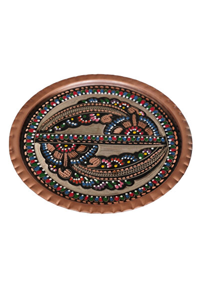 Ahinur Mutfak Erzincan Hand-Embroidered Round Copper Tea and Coffee Tray 24 cm