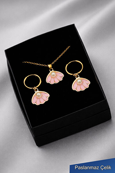 TREND COLLECTİON Kadın Pembe Çiçek İncili Çelik Kolye Küpe Seti Gold Renk Zar...