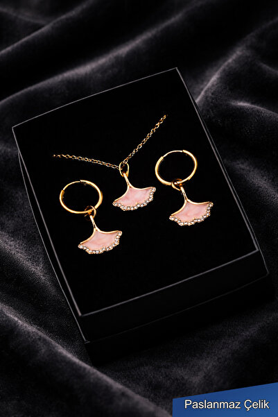 TREND COLLECTİON Minimal Yaprak Kolye ve Küpe Seti – Gold-Pembe Çelik Kadın T...
