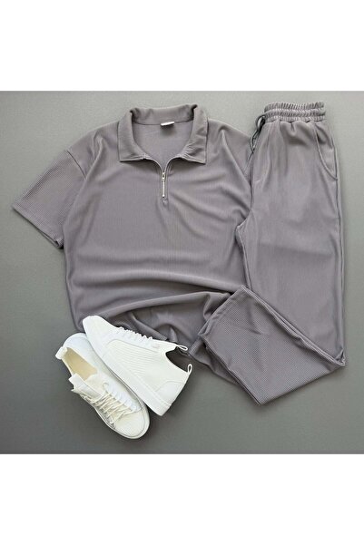 viperkombin Men's 2'Li Ottoman Corded Fabric Half Zipper T-Shirt and Pants Set
