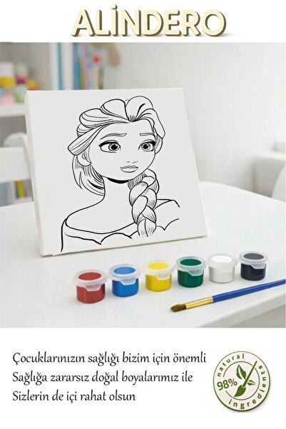 Alindero Çocuk boyama tuval seti ELSA 6 lı akrilik boya + fırça + hazır görse...