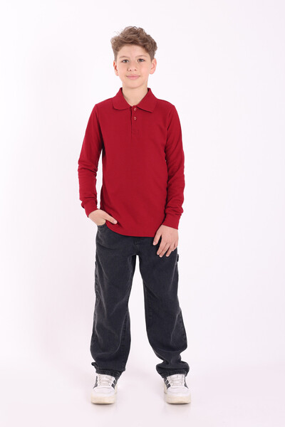 WİNİMO KİDS Claret Red Slim Fit Polo Neck Long Sleeve Unisex Children's School T-Shirt 100% Cotton 5-16 Years