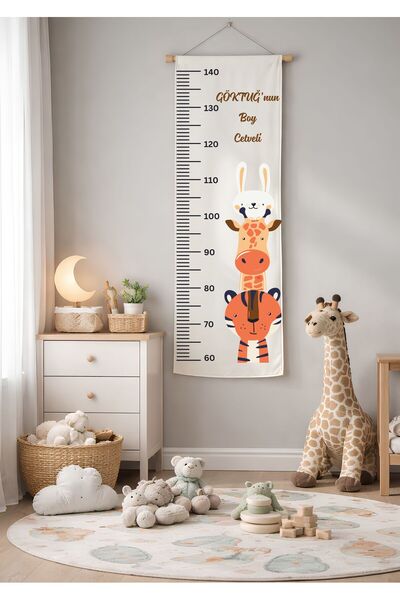 Puppetzzz Kişiye Özel İsimli Çocuk Boy Cetveli Organik Kumaş Duvar Boy Ölçer ...