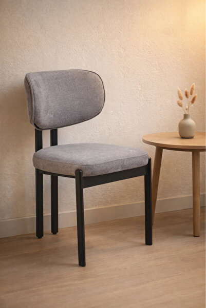 MARIA HOMES Light Grey Upholstered Chair with Black Metal Legs, 80x49x48 CM