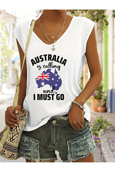 Deocept Australia cu imprimeu pentru femei, cu decolteu în V, fără mâneci, cr...