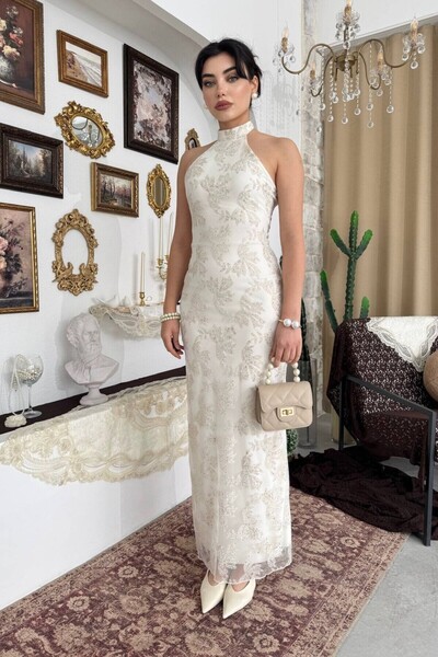 Julidress Φόρεμα λαιμού Με δέσιμο Με φόδρα Sim Print Με σχέδιο Midi Long Prem...