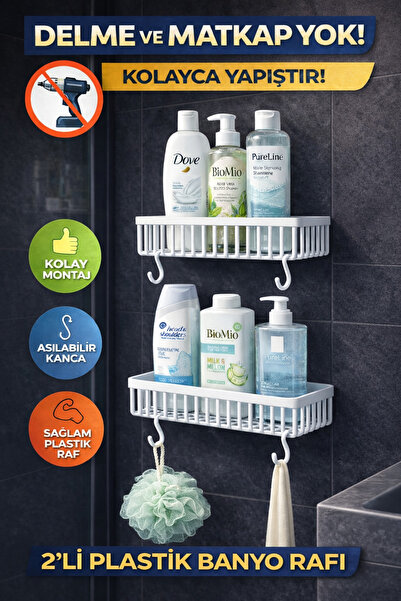 KITCHBATH Yapışkanlı Banyo Düzenleyici Beyaz Köşe Rafı, Duşakabin İçi İkili P...