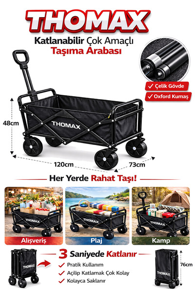 THOMAX Çok Amaçlı Katlanabilir Araba ve Taşıma Arabası Kamp,Piknik,Plaj,Pazar...
