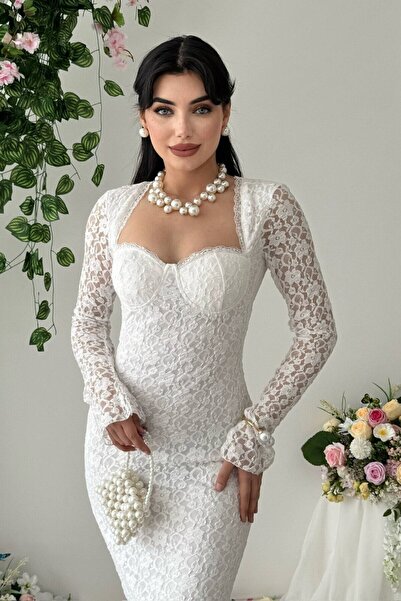 Julidress Gloplu (Supported) Lined Maxi Long Length Premium White Lace Dress