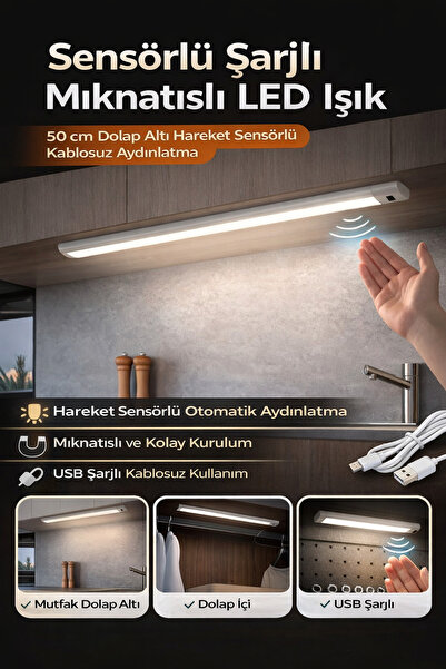 Hane Dostu Sensörlü Şarjlı Mıknatıslı LED Işık 50 cm Dolap Altı Hareket Sensö...