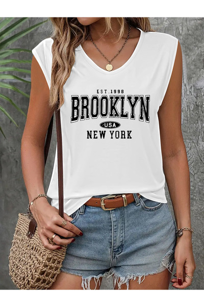 Deocept Women's Printed V-Neck Sleeveless Regular Fit Casual T-Shirt