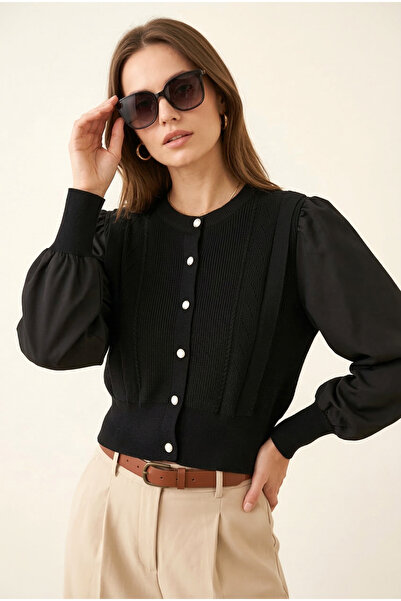 MODAQU Sleeve Detail Buttoned Knitwear Cardigan -Black