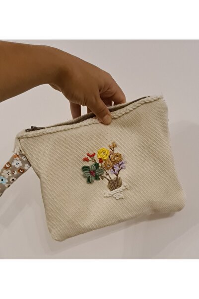 Leylace Handmade Linen Cream Kasnak Embroidered Clutch, Portfolio Bag