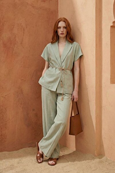 Hiccup My Fashion V-Neck Buttoned Blouse & High Waist Pants Two-Piece Set