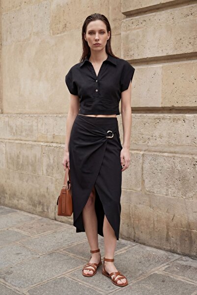 Hiccup My Fashion Linen Blended Cropped Blouse & Accessory Detail Midi Skirt ...