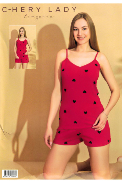 Chery Lady Pijama damă, 100% bumbac, maiou și short, imprimeu inimi
