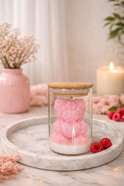 SO Aura Kavanozda Pembe Ahududu Kokulu Güllü Ayıcık Mum