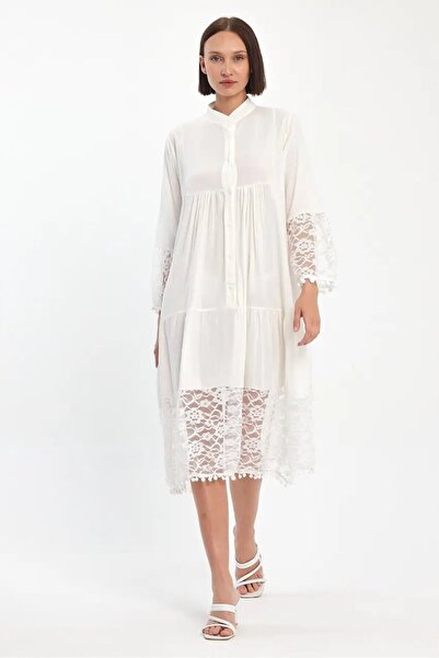 Cool & Sexy White Judge Collar Buttoned Tulle Detail Viscose Dress