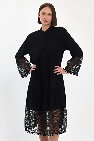 Cool & Sexy Black Judge Collar Buttoned Tulle Detail Viscose Dress