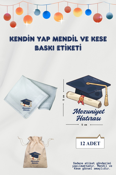 Burak Baskı Tasarım Mavi Kep Mezuniyet Hatırası-Mendil ve Kese Baskı Kağıdı, ...