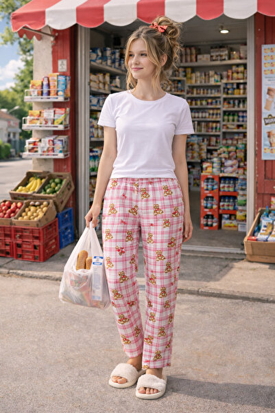 MODABOX 100% Cotton Red Plaid Knitted Women's Pajama Bottoms