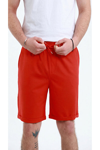 TKT شورت برمودا أحمر للرجال بقصة مريحة عادية وخصر مطاطي و بجيوب طيات جانبية ع...