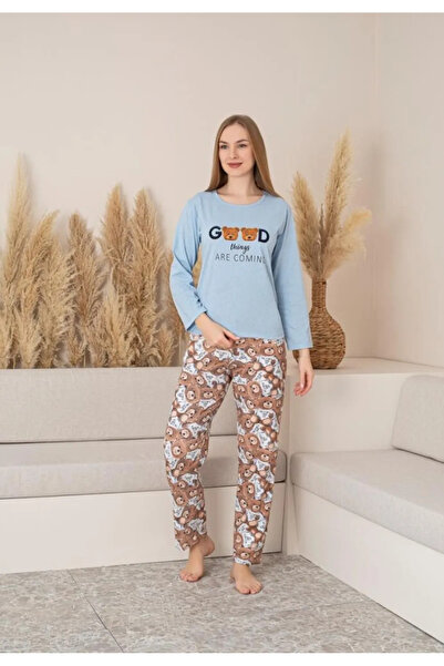 Ercan Pijama damă toamnă-iarnă bleu cu imprimeu „GOOD things ARE COMING” și p...