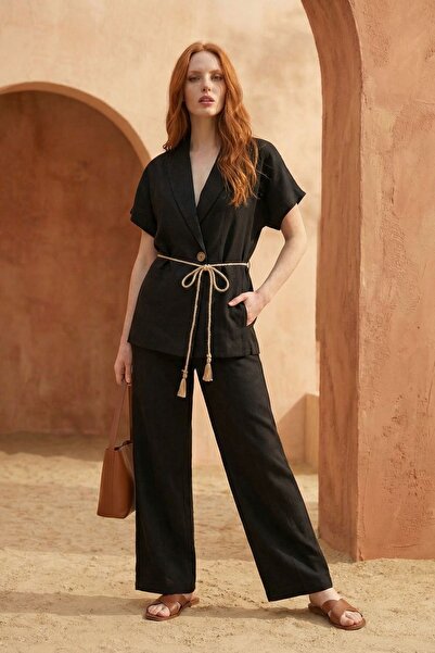 Hiccup My Fashion V-Neck Buttoned Blouse & High Waist Pants Two-Piece Set