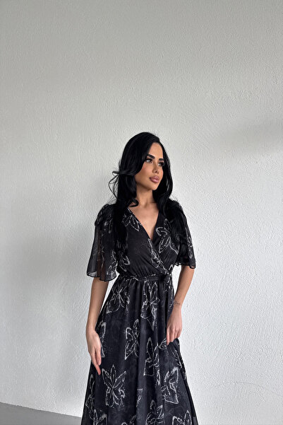 LİLA İSTANBUL Double-Breasted Yaka Patterned Volanli Chiffon Dress
