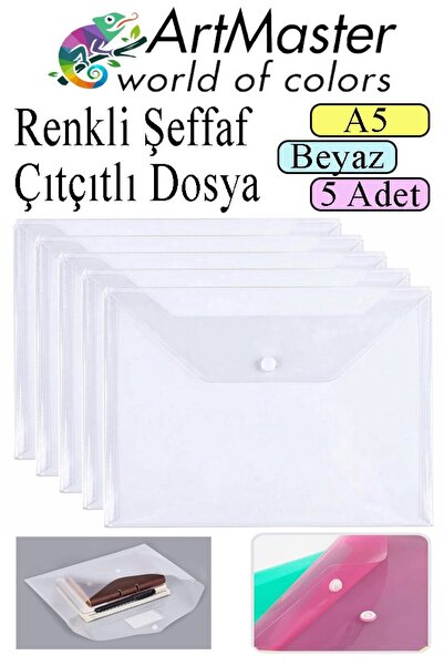 Artmaster Beyaz A5 Çıtçıtlı Dosya Şeffaf Renkli Zarf Dosya 5 Adet 17x22 cm Çı...