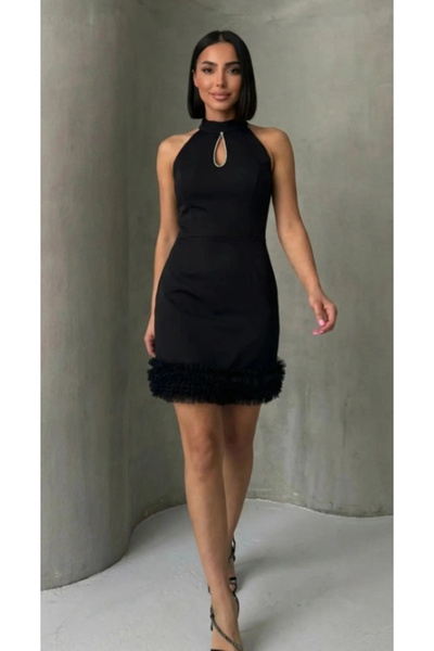 MetuCA Women's Black Halter Neck Stone Cut-Out Detail Skirt Tulle Ruffle Mini...