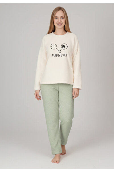 Sude Pijamale damă cocolino alb și verde deschis cu imprimeu „Funny Eyes”