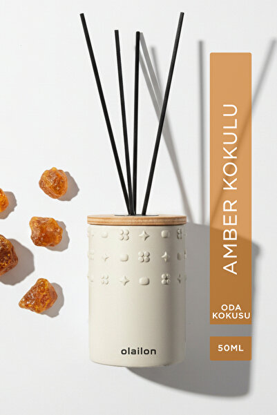 olailon Luxury Amber Kokulu Dekoratif Çubuklu Oda Kokusu 50ml, Beton Gövde, A...