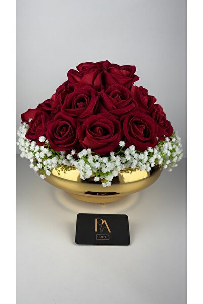 Palpe Vază aurie de 30 cm, trandafir roșu, flori artificiale pentru logodnă, ...