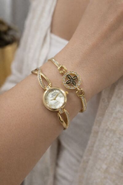 Show Time Kadın Kol Saati Altın Renk Taşlı Zarif Analog Saat Bileklik Hediyel...