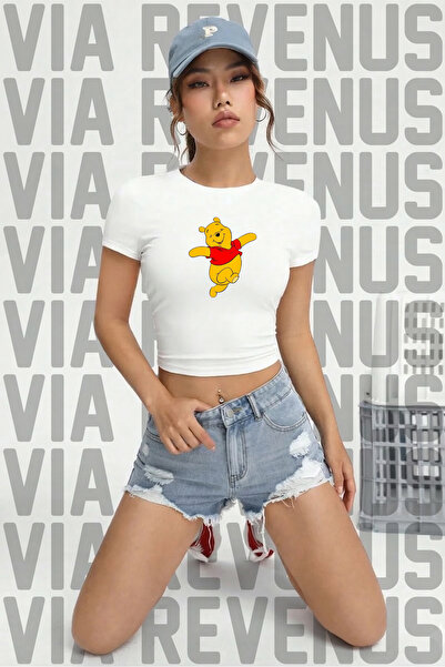 Vordevia Pooh Printed %100 Cotton Stretch Fabric Slim Fit Short Sleeve Crew N...