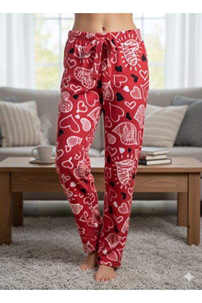 Serena Women's Fleece Pants, Red, with Hearts
