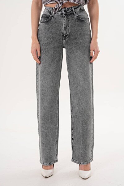6011 - Kadın Yüksek Bel Straight Fit Gri Jean Kot Pantolon