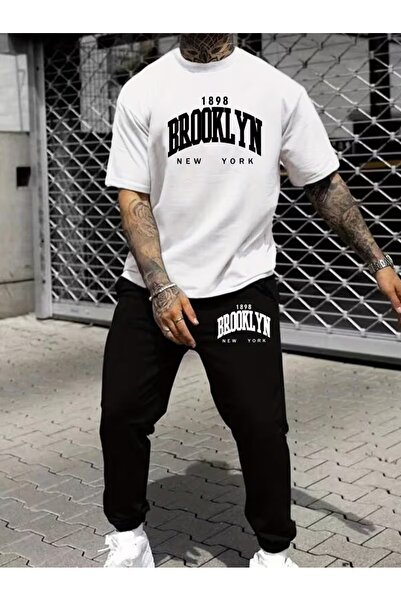 puolikuu Men's Oversized Tracksuit Set - Brokkyln Printed Tshi̇rt - Eşortman