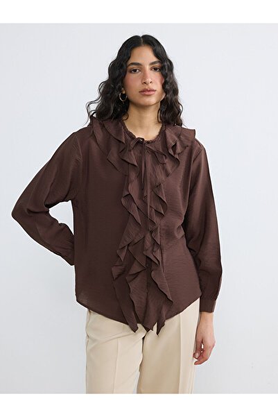 LC Waikiki Lcw Modest Brown Tie-Detail Collar Ruffle Oversized Blouse from Cc...
