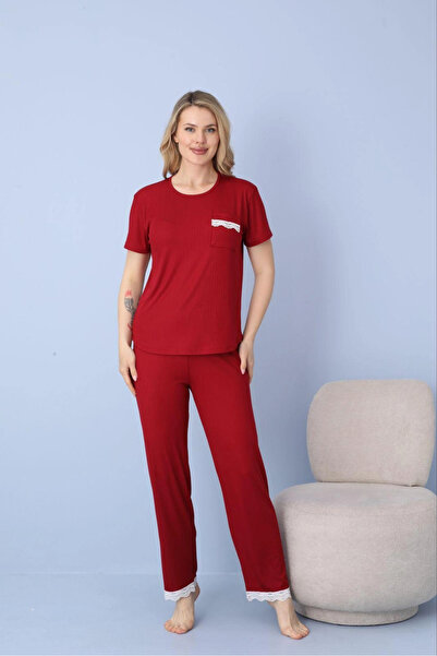 Pijamoni Women's Dublin Fabric Crew Neck Short Sleeve Burgundy Pajama Set