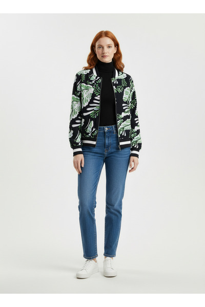 Neden Tekstil Women's Leaf Patterned Ribbed Zippered Bomber Jacket