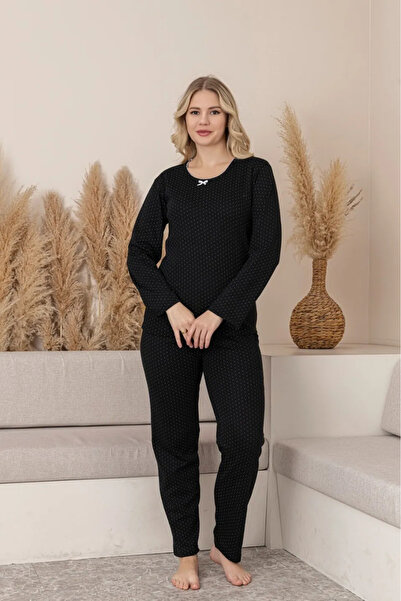 Sude Women's Winter Pajamas – Black with White Dots, Soft Material