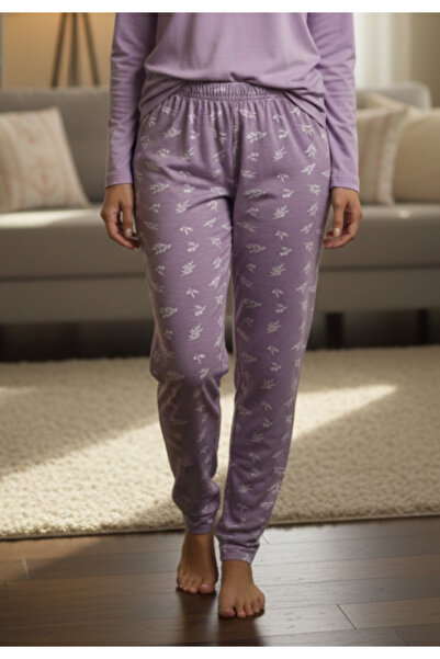 Serena Women's Big Size Pajama Pants, Purple with Flowers