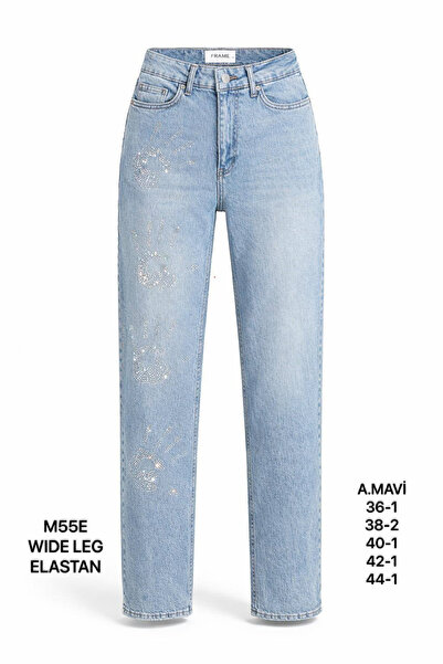 Miss Poem Women's Light Blue Stoned High Waist Wide Leg Jean Trousers