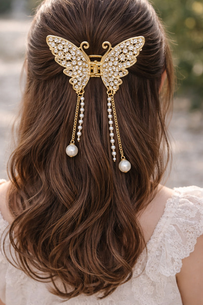 MakeWell Stone-Embellished Butterfly Hair Clip – Gold and Silver Color Women'...